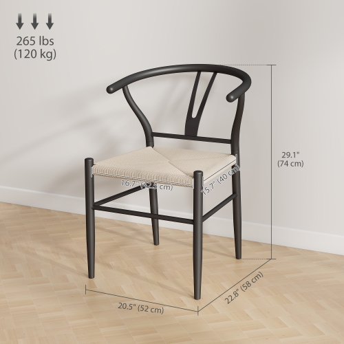 HOMCOM Weave Dining Chairs Set of 2, Mid-Century Modern Metal Kitchen Chairs with Y-Shaped Backrest and Hemp Seat for Dining Room, Living Room,