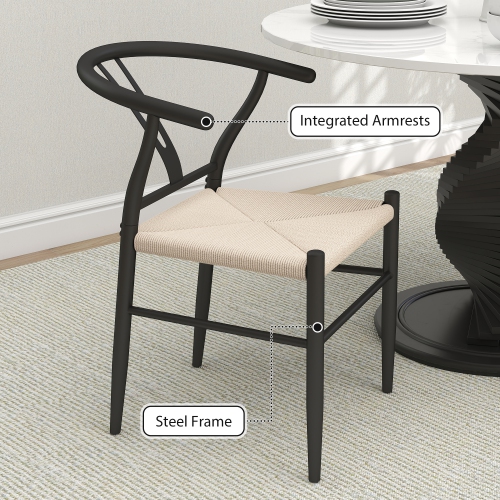 HOMCOM Weave Dining Chairs Set of 2, Mid-Century Modern Metal Kitchen Chairs with Y-Shaped Backrest and Hemp Seat for Dining Room, Living Room,