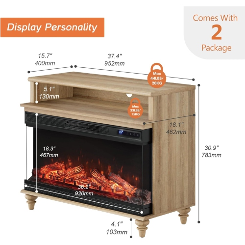 Meuble à 3 côtés avec foyer WAMPAT pour téléviseur jusqu'à 43&nbsp;po, centre de divertissement haut avec foyer électrique en verre de 36&nbsp;po,