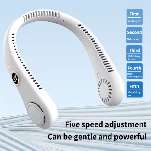 LED digital display, neck hanging fan outdoor sports student USB bladeless turbine silent high wind power mini fan, super long battery life, five