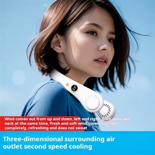LED digital display, neck hanging fan outdoor sports student USB bladeless turbine silent high wind power mini fan, super long battery life, five