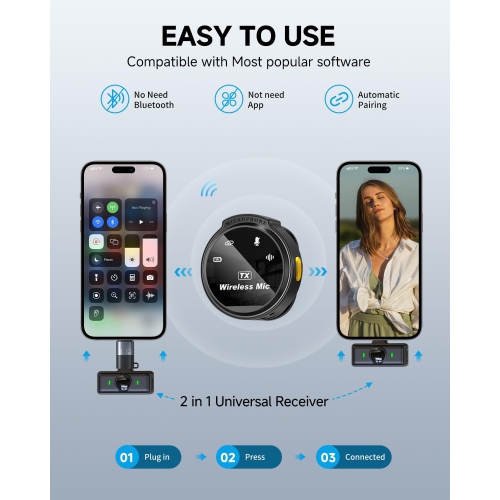 Micro-cravate J6 avec clavier, écran numérique, compartiment de chargement intégré, extérieur sans fil, avec interface iPhone, un à deux