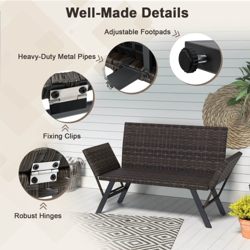 Costway Patio Convertible Sofa for 2 with Adjustable Armrests Metal Frame Wicker Couch