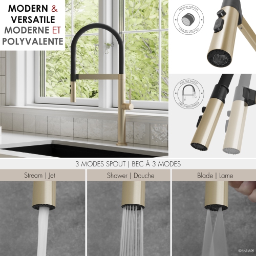 Single Handle Brushed Gold with Black Spout Hose Pull Out Three Modes Kitchen Faucet K-140G