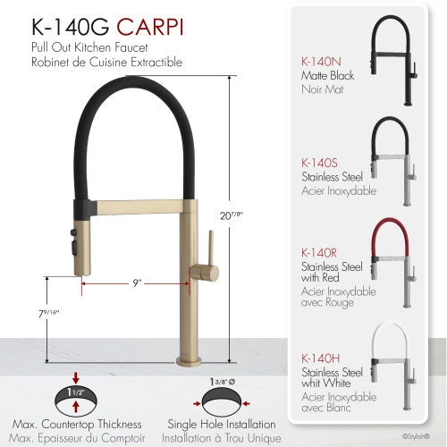 Single Handle Brushed Gold with Black Spout Hose Pull Out Three Modes Kitchen Faucet K-140G