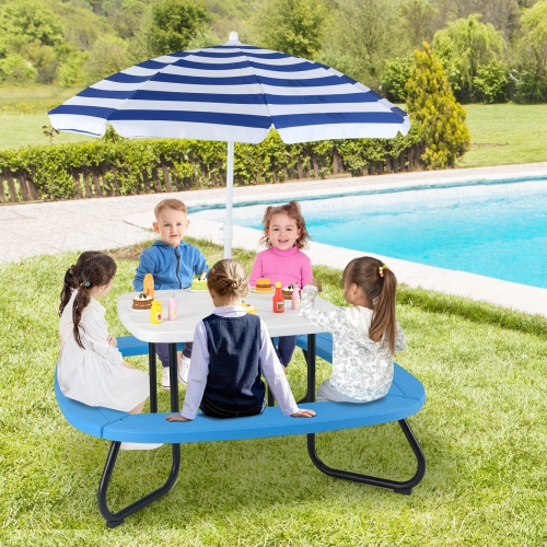 Costway Kids Picnic Table Outdoor Activity Table with Adjustable & Collapsible Umbrella Blue/White/Brown