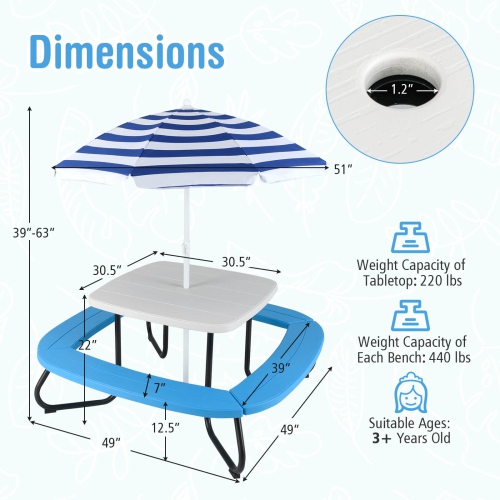 Costway Kids Picnic Table Outdoor Activity Table with Adjustable & Collapsible Umbrella Blue/White/Brown