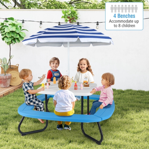 Costway Kids Picnic Table Outdoor Activity Table with Adjustable & Collapsible Umbrella Blue/White/Brown