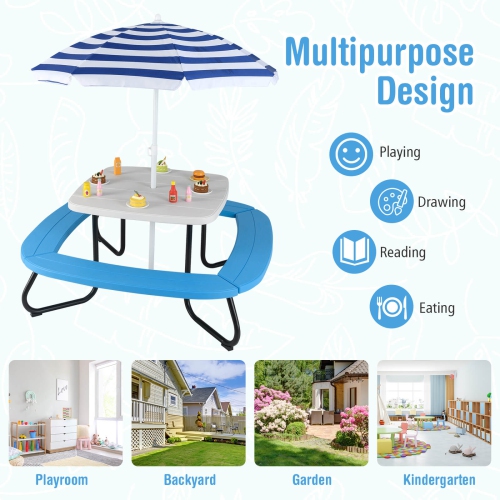 Costway Kids Picnic Table Outdoor Activity Table with Adjustable & Collapsible Umbrella Blue/White/Brown