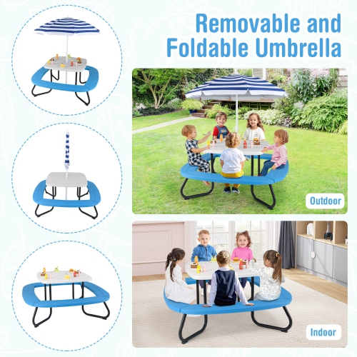 Costway Kids Picnic Table Outdoor Activity Table with Adjustable & Collapsible Umbrella Blue/White/Brown