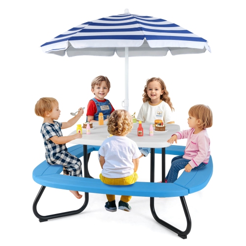 Costway Kids Picnic Table Outdoor Activity Table with Adjustable & Collapsible Umbrella Blue/White/Brown