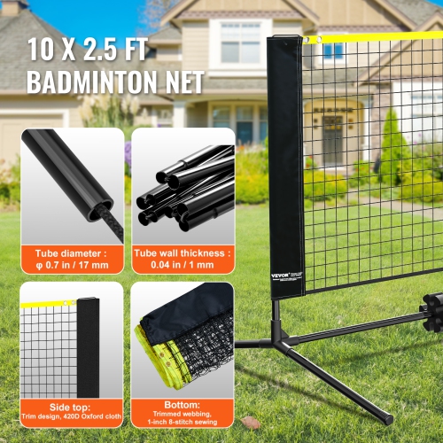 VEVOR 10ft Badminton Net, Height Adjustable Volleyball Net, Wide Foldable Pickleball Net, Portable Easy Setup Tennis Net Set with Poles, Stand and