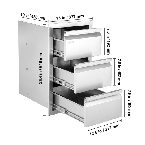 VEVOR 14.7" W x 25.4" H x 18.7" D Outdoor Kitchen Drawers, Box Frame Style Flush Mount BBQ Drawers with Stainless Steel Handle, BBQ Island Drawers