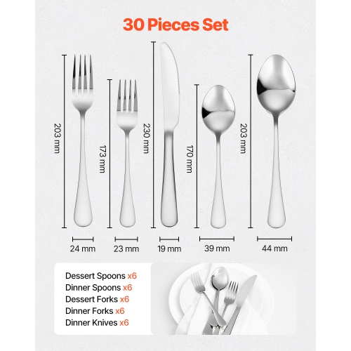 VEVOR 30-Piece Silverware Set, Food-Grade Stainless Steel Flatware Utensils, Mirror Finished Cutlery Set, Dishwasher Safe Eating Tableware for