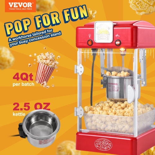 VEVOR 300W Popcorn Maker, Popcorn Popper Machine, 2.5 Oz Kettle Makes 4 QT per Batch, Tabletop Popcorn Maker with PP Door, Includes 2 Scoops and