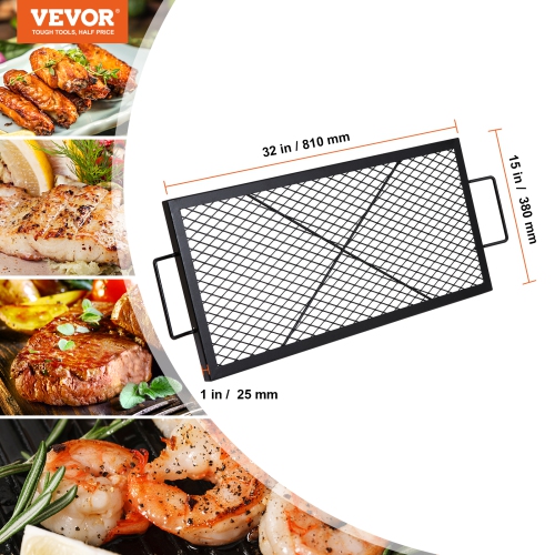 Grille de foyer de 32 po X-Marks de VEVOR, grille de cuisson rectangulaire, grille de barbecue en acier robuste avec poignée et support en X,