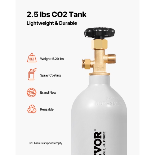 VEVOR CO2 Tank, 2.5 lbs New Aluminum Alloy Cylinder, CO2 Air Tank with Light Gray Spray Coating, CGA320 Valve & Adjustable Pressure, DOT Approved