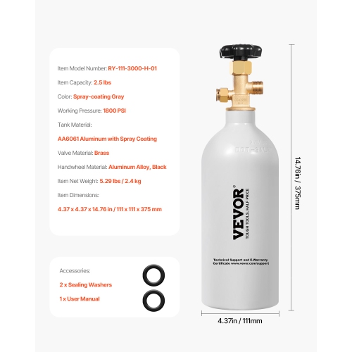 VEVOR CO2 Tank, 2.5 lbs New Aluminum Alloy Cylinder, CO2 Air Tank with Light Gray Spray Coating, CGA320 Valve & Adjustable Pressure, DOT Approved