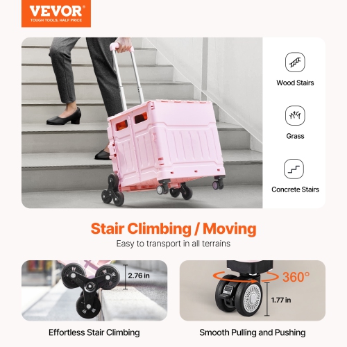 VEVOR 65L Collapsible Portable Crate Rolling Cart with Stair Climbing Wheels & 360° Swivel Wheels, Hand Cart with Telescoping Handle for Shopping