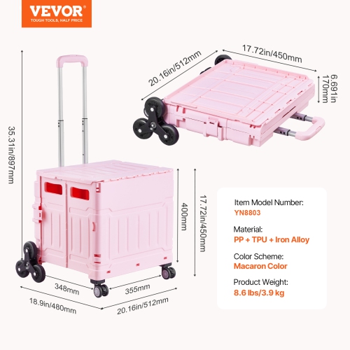 VEVOR 65L Collapsible Portable Crate Rolling Cart with Stair Climbing Wheels & 360° Swivel Wheels, Hand Cart with Telescoping Handle for Shopping