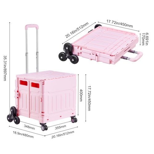 VEVOR 65L Collapsible Portable Crate Rolling Cart with Stair Climbing Wheels & 360° Swivel Wheels, Hand Cart with Telescoping Handle for Shopping
