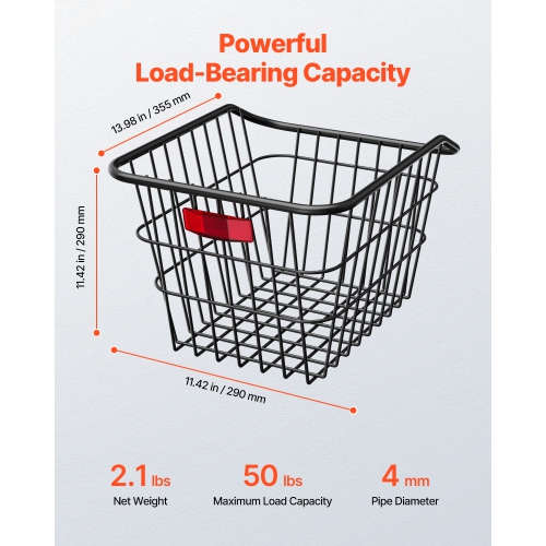 VEVOR Rear Bike Basket, Metal Wire Bicycle Basket with Reflective Tail Light & Waterproof Cover, Durable Bike Back Basket, Fits to Most Rear Bike