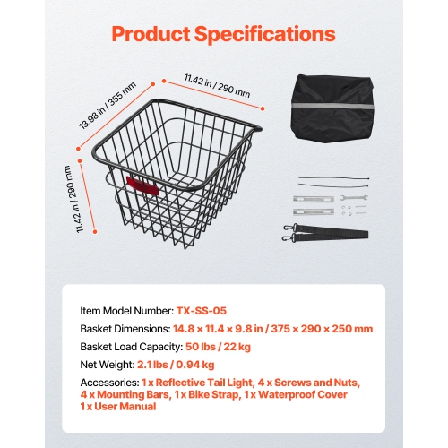 VEVOR Rear Bike Basket, Metal Wire Bicycle Basket with Reflective Tail Light & Waterproof Cover, Durable Bike Back Basket, Fits to Most Rear Bike