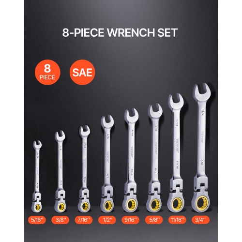 VEVOR 8-piece Flex-Head Ratcheting Wrench Set, with Roll-up Pouch, Cr-V Steel Flexible Ratcheting Wrench Set SAE 5/16" to 3/4", Ideal for General