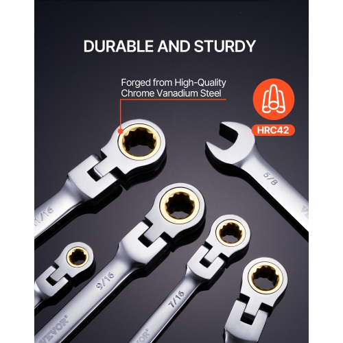VEVOR 8-piece Flex-Head Ratcheting Wrench Set, with Roll-up Pouch, Cr-V Steel Flexible Ratcheting Wrench Set SAE 5/16" to 3/4", Ideal for General