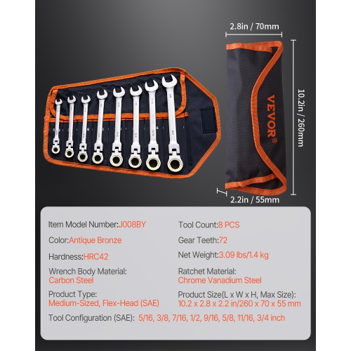 VEVOR 8-piece Flex-Head Ratcheting Wrench Set, with Roll-up Pouch, Cr-V Steel Flexible Ratcheting Wrench Set SAE 5/16" to 3/4", Ideal for General