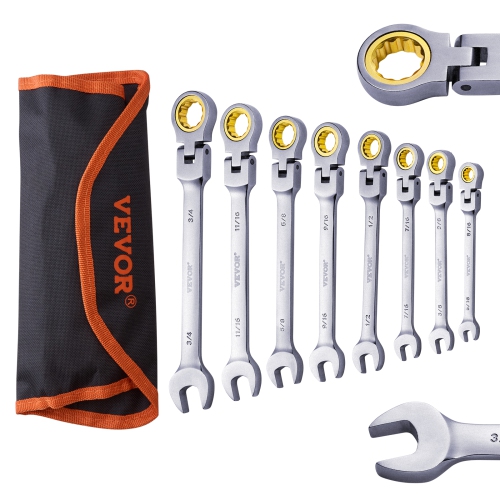 VEVOR 8-piece Flex-Head Ratcheting Wrench Set, with Roll-up Pouch, Cr-V Steel Flexible Ratcheting Wrench Set SAE 5/16" to 3/4", Ideal for General