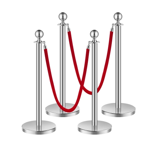VEVOR 4Pcs Stanchions and Velvet Ropes, Hollow Base with Stainless Steel Post, 2 Red Velvet Ropes and Posts, Crowd Control Barriers Silver