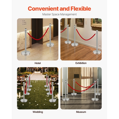 VEVOR 4Pcs Stanchions and Velvet Ropes, Hollow Base with Stainless Steel Post, 2 Red Velvet Ropes and Posts, Crowd Control Barriers Silver