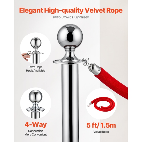 VEVOR 4Pcs Stanchions and Velvet Ropes, Hollow Base with Stainless Steel Post, 2 Red Velvet Ropes and Posts, Crowd Control Barriers Silver