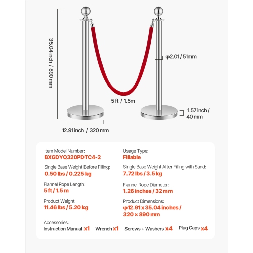 VEVOR 4Pcs Stanchions and Velvet Ropes, Hollow Base with Stainless Steel Post, 2 Red Velvet Ropes and Posts, Crowd Control Barriers Silver
