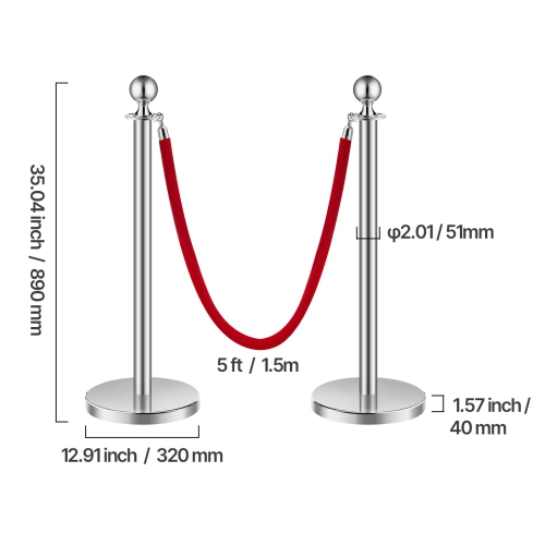 VEVOR 4Pcs Stanchions and Velvet Ropes, Hollow Base with Stainless Steel Post, 2 Red Velvet Ropes and Posts, Crowd Control Barriers Silver
