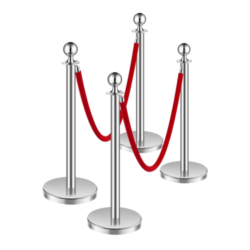 VEVOR 4Pcs Stanchions and Velvet Ropes, Hollow Base with Stainless Steel Post, 2 Red Velvet Ropes and Posts, Crowd Control Barriers Silver
