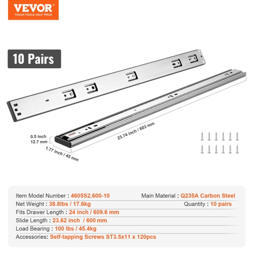 VEVOR 10 Pairs of 24 Inch Drawer Slides Side Mount Rails, Full Extension Steel Track, Noiseless Guide Glides Cabinet Kitchen Runners with Ball