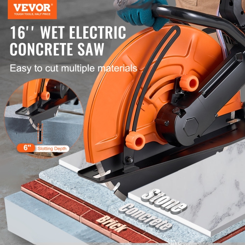 VEVOR 16 in Electric Concrete Saw, 3200 W 15 A Motor Circular Saw Cutter with Max. 6 in Cutting Depth, Wet Disk Saw Cutter Includes Water Line, Pump