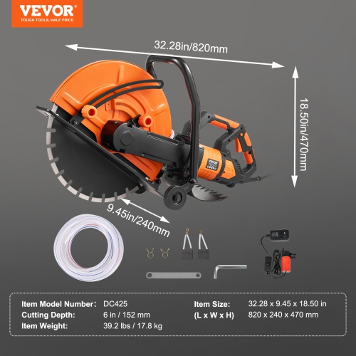 VEVOR 16 in Electric Concrete Saw, 3200 W 15 A Motor Circular Saw Cutter with Max. 6 in Cutting Depth, Wet Disk Saw Cutter Includes Water Line, Pump