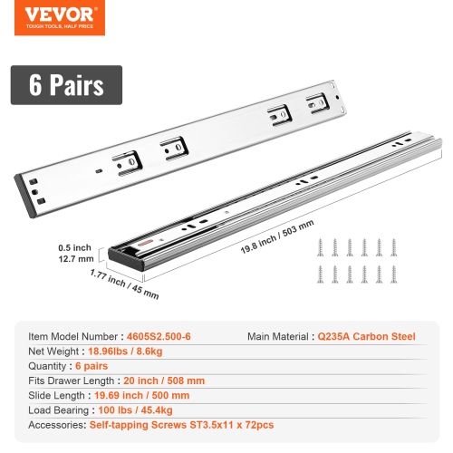 VEVOR 6 Pairs of 20 Inch Drawer Slides Side Mount Rails, Full Extension Steel Track, Noiseless Guide Glides Cabinet Kitchen Runners with Ball