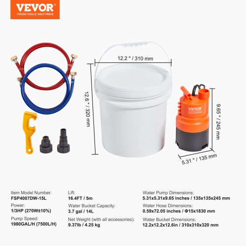 VEVOR 3.7 Gallon Pail Tankless Water Heater Flushing Kit, Includes Efficient Pump & 2 Hoses, Wrench and Adapter for Quick Install, Easy to Start