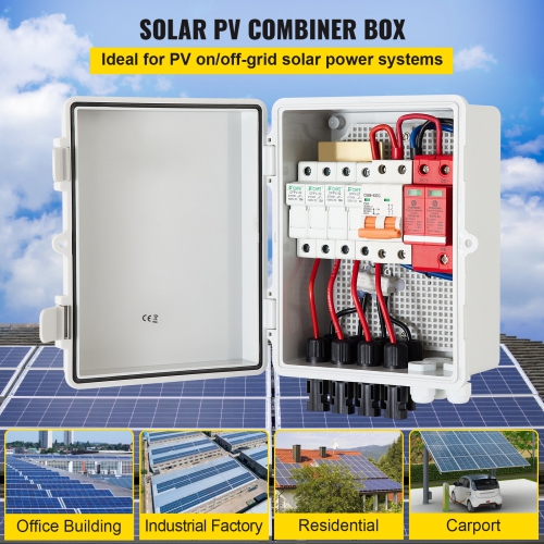 Boîtier de combinaison VEVOR 4 à cordes PV, boîtier de combinaison solaire avec disjoncteur 63&nbsp;A à fusible homologué 15&nbsp;A, connecteur