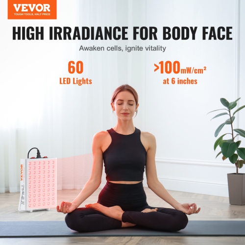 VEVOR 80W Red Light Therapy for Body Face, 60 Dual-Chip LEDs, Red 660nm & Near Infrared 850nm Combo, Red Light Therapy Panel for Recovery, Pain