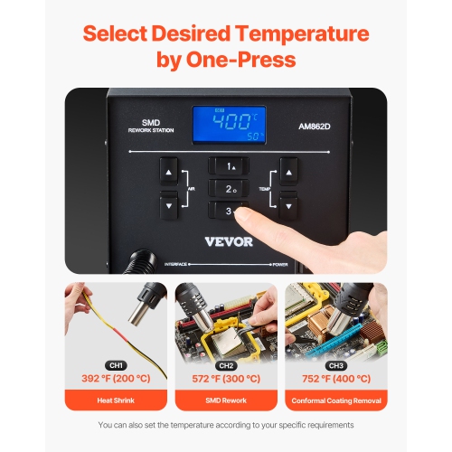 VEVOR 1000W Digital SMD Rework Station, 212℉-896℉ Hot Air Gun with 99-Level Adjustable Airflow, 3 Pre-Set Channels & 3 Hot Air Nozzles for Chip