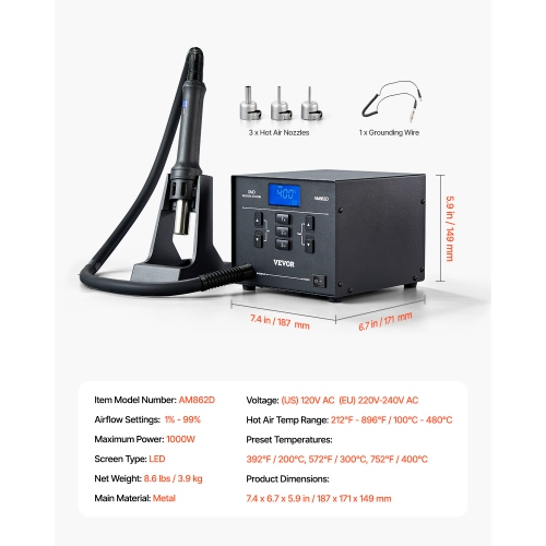 VEVOR 1000W Digital SMD Rework Station, 212℉-896℉ Hot Air Gun with 99-Level Adjustable Airflow, 3 Pre-Set Channels & 3 Hot Air Nozzles for Chip
