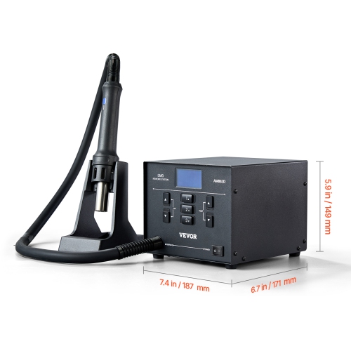 VEVOR 1000W Digital SMD Rework Station, 212℉-896℉ Hot Air Gun with 99-Level Adjustable Airflow, 3 Pre-Set Channels & 3 Hot Air Nozzles for Chip