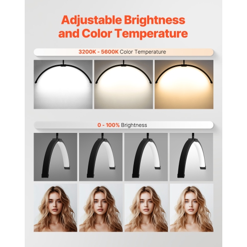 VEVOR 26 inch Half Moon Light,Dimmable LED Floor Lamp Lash Light for Eyelash Extensions,Arched Eyelash Lamp with Phone Holder,Remote Control,for