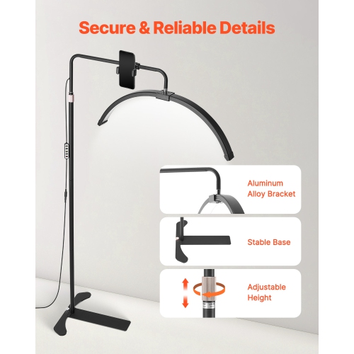 VEVOR 26 inch Half Moon Light,Dimmable LED Floor Lamp Lash Light for Eyelash Extensions,Arched Eyelash Lamp with Phone Holder,Remote Control,for