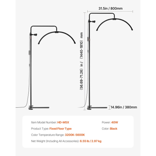 VEVOR 26 inch Half Moon Light,Dimmable LED Floor Lamp Lash Light for Eyelash Extensions,Arched Eyelash Lamp with Phone Holder,Remote Control,for